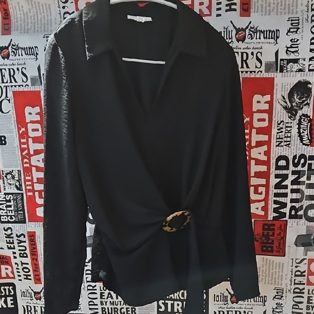 Topshop Black Blouse with Tortoise Shell Pattern Buckle